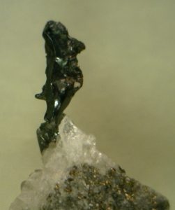 Thin piece of black crystallized mineral growing out of a translucent white crystal